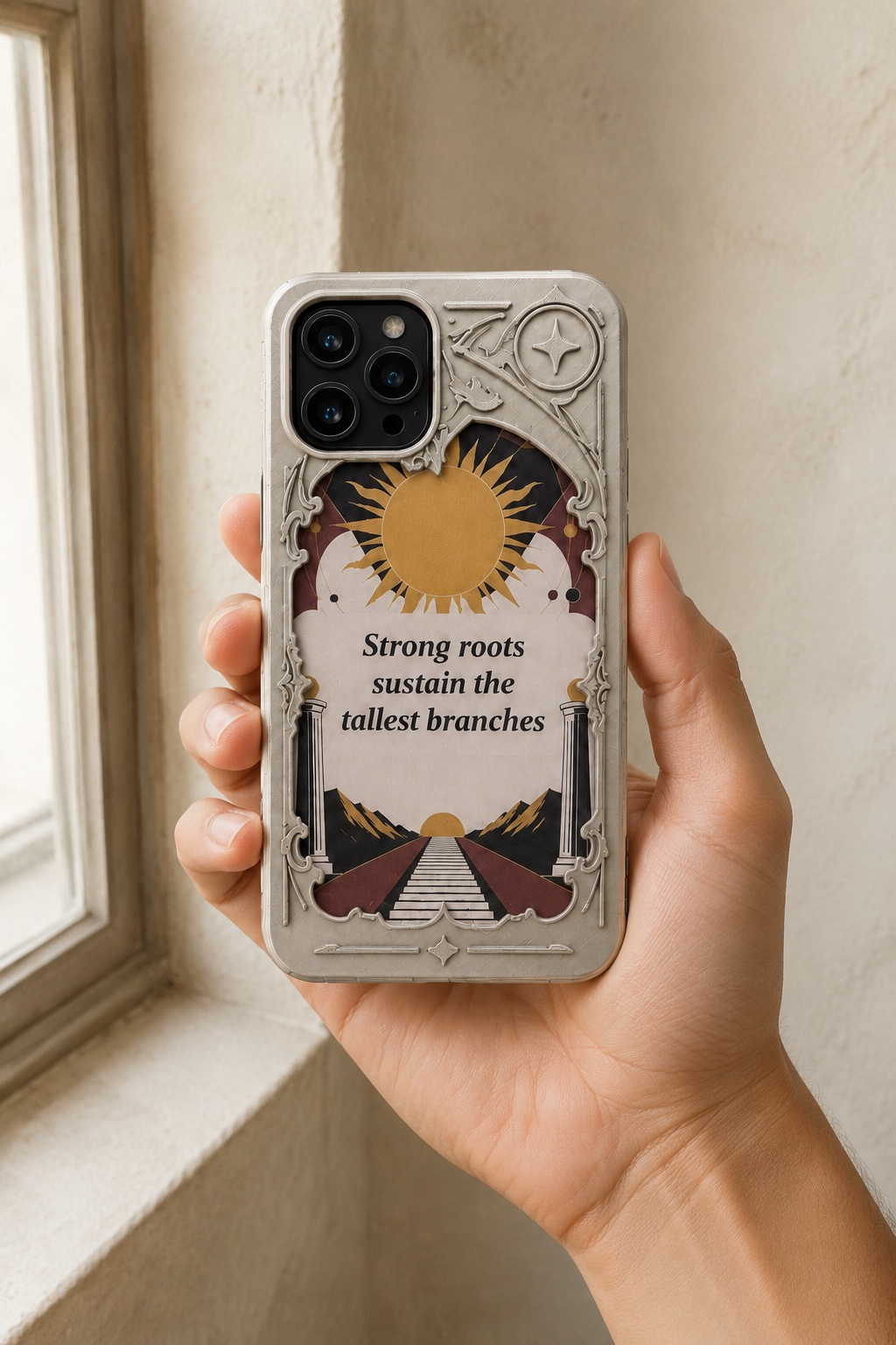 Moonstone-colored astrology phone case held by a window