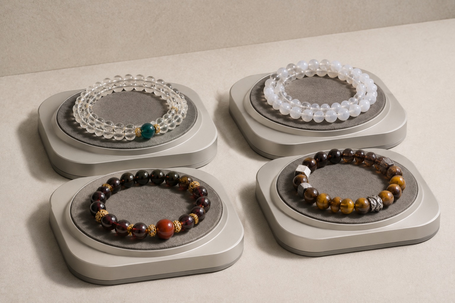 Four crystal bracelets on moonstone-colored stands